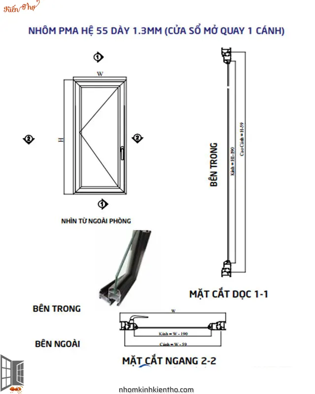 Catalogue nhôm PMA cửa sổ mở quay 1 cánh