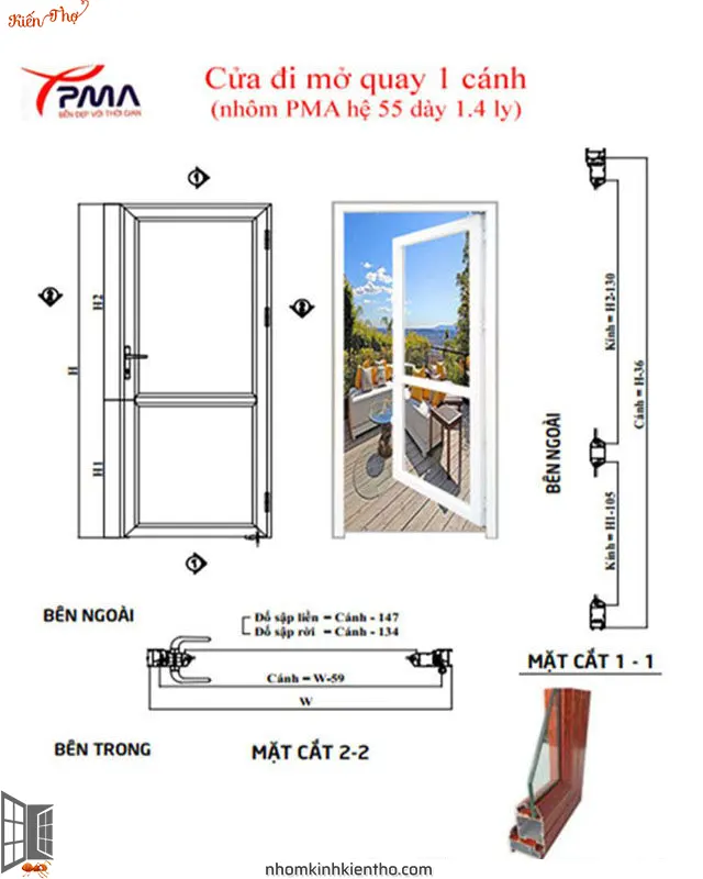 Catalogue nhôm PMA cửa đi mở quay 1 cánh