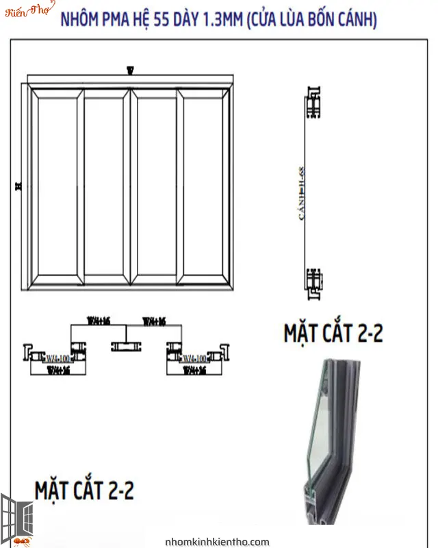 nhôm PMA cửa đi mở trượt 4 cánh